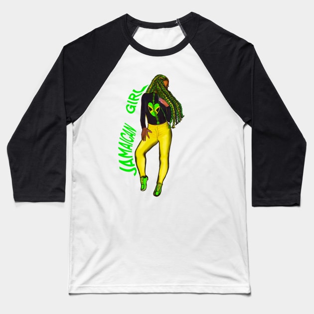 Jamaican girl with colours of Jamaican flag in black green and gold inside a heart shape Baseball T-Shirt by Artonmytee